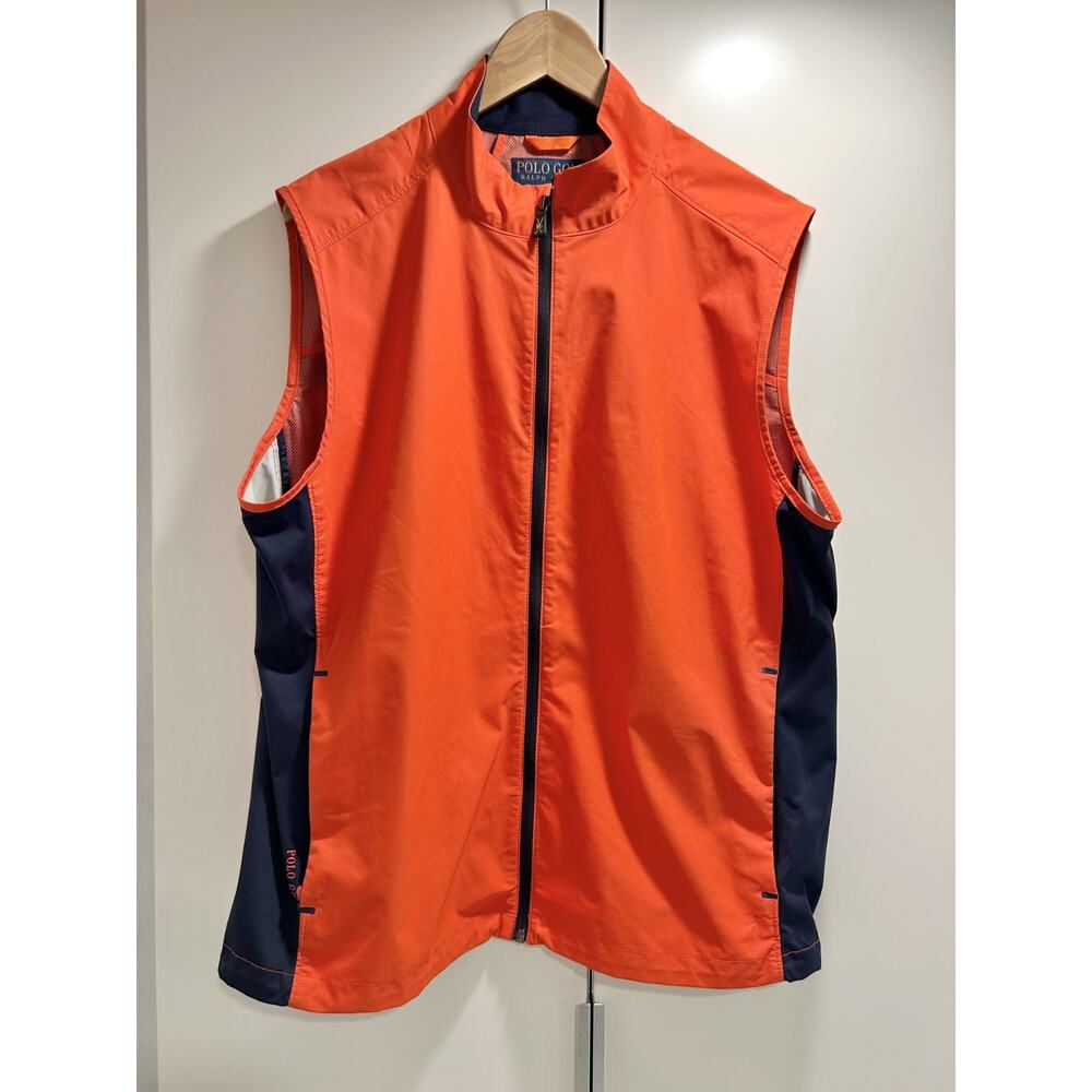 Polo Golf Ralph Lauren Men's Large Orange Navy Full Zip Packable Vest Resistant
